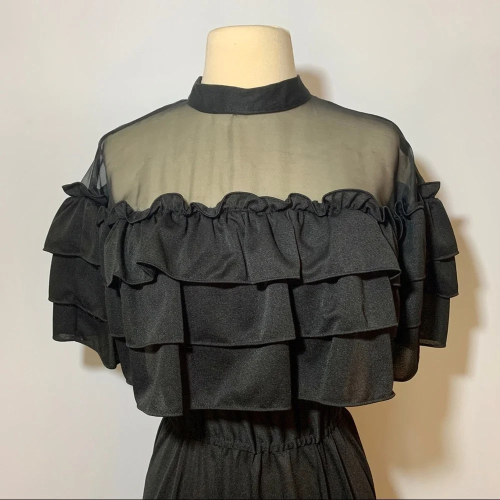 Vintage Black Sheer Neckline Ruffle Off Shoulder Bodice Fit Flare Cocktail Dress - Picture 2 of 8
